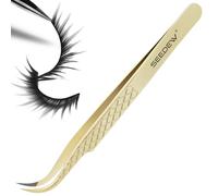 SEEDEW G03 Curved Tweezer, S Shape 90° 11.5CM, Upgraded Fiber Tip & Grid Textured Handle, Eyelash Extension Tweezer - Pointy Isolation Professional Precision Tool for Lash Application (Steel-Golden)