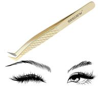 SEEDEW G06 Boot Tweezer, L Shape 90° 11.3CM, Upgraded Fiber Tip & Grid Textured Handle, Eyelash Extension Tweezer - Pointy Isolation Professional Precision Tool for Lash Application (Steel-Golden)