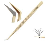 SEEDEW G08 Moonlight Elegance Tweezer, L Shape 45° 14.5CM, Upgraded Fiber Tip & Grid Textured Handle, Eyelash Extension Tweezer - Pointy Isolation Precision Tool for Lash Application (Steel-Golden)