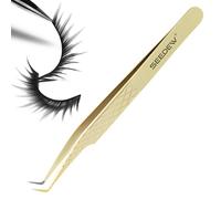 SEEDEW G11 Precision 80°Angle Tweezer, S Shape 80° 12CM, Upgraded Fiber Tip & Grid Textured Handle, Eyelash Extension Tweezer - Pointy Isolation Precision Tool for Lash Application (Steel-Golden)