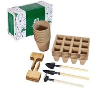 Seedling Starter Kit, reduces transplant root shock, with drainage holes & 100% recycled materials. Fully biodegradeable, 10 round pots, 6 trays with 12 seed cells, 20 wood labels, 3 planting tools