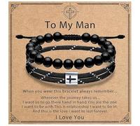 SEEDRILL Men's Bracelets Gifts for Men, Handmade Adjustable Cross Rope Bracelet for Baptism Gifts, Obsidian Bead Bracelet Gift for Dad Husband Son Boyfriend Brother Him-Birthday Christmas Anniversary