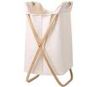 SEEHA Foldable Bamboo X-Shaped Frame Laundry Basket with Lid Oxford Bag,Toys Clothes Miscellaneous Organizer Home Storage Durable,Living Room Bathroom Apartment(White)