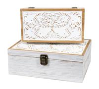 SeekElegant Set of 2 Decorative Boxes with Hinged Lids, Wooden Box with Hand-Carved Tree of Life and Floral Motifs, Vntage Keepsake Box, Wood Storage Boxes for Gift Giving, Home Decor, Wedding