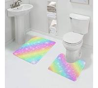 SEEKJOYS Bathroom Rugs Set 2 Piece Flashing Rainbow Bath Mats Set Includes 32'' x 20'' Bathroom and 20'' x 16'' U-Shaped Toilet Mat Large Absorbent Bath Mat with Non Slip Adhesive Bottom