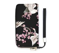 SEEKJOYS Ladies Wallet Japanese Cherry and Cranes Large Women Wallets Card Holder Clutch Stylish Wallet with Wrist Strap Long Womens Purse for Cards,Coin