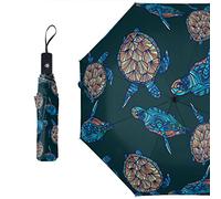 SEEKJOYS Ocean Turtle Pattern Umbrella Out Print Cartoon Tortoise Travel Umbrella Strong Compact Vibrant Designs Automatic Portable Folding Umbrella for Rain Sun UV Protection