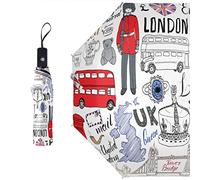 SEEKJOYS Red British Telephone Box Pattern Inner Print Umbrella Tower Of London Travel Umbrella Anti-UV Strong Compact Stylish Automatic Portable Umbrella for Rain Outdoor Use