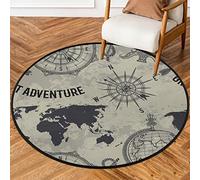 SEEKJOYS Retro World Map And Compass 36 in Round Area Rug Machine Washable World Map Non-Slip Soft Floor Mat for Living Room Sofa Kids Room Nursery Decor