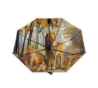 SEEKJOYS The Lion Family In The Forest Inner Print Umbrella Lion Travel Umbrella Anti-UV Strong Compact Stylish Automatic Portable Umbrella for Rain Outdoor Use