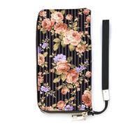 SEEKJOYS Women Wallet Beautiful Rose Art Stripe Ladies Wallets Card Holder Clutch Stylish Wallet with Wrist Strap Long Womens Purse for Girls Ladies