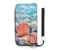 SEEKJOYS Women's Wallet Beautiful Shells and Starfish Ladies Wallets Card Holder Clutch Stylish Leather Wallet with Wrist Strap Long Womens Purse