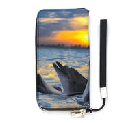 SEEKJOYS Women's Wallet Dolphins at Sunset Ocean Ladies Wallets Card Holder Clutch Stylish Leather Wallet with Wrist Strap Long Womens Purse