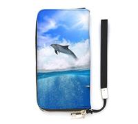 SEEKJOYS Women's Wallet Dolphins Jump Sea Ladies Wallets Card Holder Clutch Stylish Leather Wallet with Wrist Strap Long Womens Purse