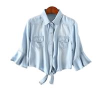 SeekMe Womens Denim Shirts Tie Front Crop Top Button Down Chambray Jean Shirts - blue - Medium