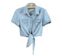 SeekMe Womens Denim Shirts Tie Front Crop Top Button Down Chambray Jean Shirts - blue - X-Small