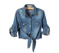 SeekMe Womens Denim Shirts Tie Front Crop Top Button Down Chambray Jean Shirts, Dark Blue 3/4 Sleeve, M
