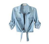 SeekMe Womens Denim Shirts Tie Front Crop Top Button Down Chambray Jean Shirts, Light Blue 3/4 Sleeve, M