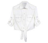 SeekMe Womens Denim Shirts Tie Front Crop Top Button Down Chambray Jean Shirts, White 3/4 Sleeve, M