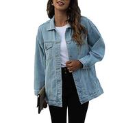 SeekMe Women's Oversize Button Down Washed Denim Coat Trucker Jean Jacket with Pockets - blue - Large