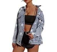 SeekMe Women's Oversized Jean Jacket Plus Size Fashion Boyfriend Button Down Washed Denim Jacket, Blue, Medium