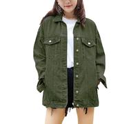 SeekMe Women's Oversized Jean Jacket Plus Size Fashion Boyfriend Button Down Washed Denim Jacket, Green, XS