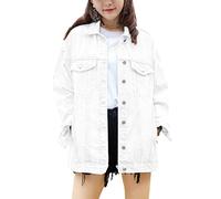 SeekMe Women's Oversized Jean Jacket Plus Size Fashion Boyfriend Button Down Washed Denim Jacket, White, L