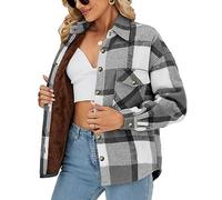 SeekMe Womens Sherpa Fleece Lined Jackets Plaid Flannel Shirts Shackets Warm Winter Thermal Fuzzy Coats with Pockets, Grey Black, M