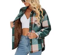 SeekMe Womens Sherpa Fleece Lined Jackets Plaid Flannel Shirts Shackets Warm Winter Thermal Fuzzy Coats with Pockets, Green Orange, M