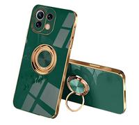 SEEKOO Case for Xiaomi 11 Lite 5G NE/Xiaomi Mi 11 Lite, Ultra Thin TPU Bumper Shockproof Soft Cover Electroplating Phnom Penh Design Silicone Case with 360 Degree Ring Kickstand, Dark green