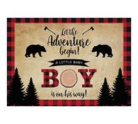 SeekPro Lumberjack Baby Shower Backdrop Red Plaid Bear Adventure Begins Boy Baby Shower Photo Background Baby Shower Party Supplies 7x5ft Thin Vinyl