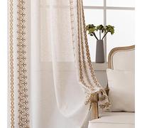 SEEKRIGHT Grommet Striped Taupe Natural Linen Curtains for Living Room - Luxurious Old World Floral Embroidery Flax Drapes with Cotton Thread, 72 Inch Length, Set 2 Panels
