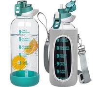 Seekua 1.5l Large Glass Water Bottle with Straw & Time Markings 1.5 litre Big Motivational Glass Drinking Bottle BPA free Leakproof