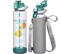 Seekua 1l Large Glass Water Bottle with Straw & Time Markings 1 litre Big Motivational Glass Drinking Bottle BPA free Leakproof