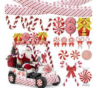 Seeloowy 61 Pcs Christmas Golf Cart Decoration Kit, Christmas Candy Cane Foil Fringe, Inflatable Candy Cane, Balloons, White Red Tinsel Garland, Lollipop Cutouts Bow String Light for Xmas Parade Decor
