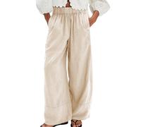 SeeLuNa Linen Pants for Women Cotton Baggy Boho Casual Palazzo Pants Wide Leg Long Lounge Trousers with Pockets, Apricot, XL
