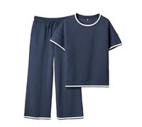 SeeLuNa Women's 2 Piece Outfits Textured Sweatsuit 3/4 Batwing Sleeve Crew Neck Pullover Top Wide Leg Pant Tracksuit Set Clothes, Striped Navy, XS