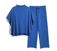 SeeLuNa Women's Two Piece Outfits 3/4 Batwing Sleeve Capelet Crew Neck Pullover Top Wide Leg Pants Lounge Set, Dark-blue, L