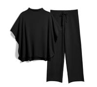 SeeLuNa Women's Two Piece Outfits 3/4 Batwing Sleeve Capelet Crew Neck Pullover Top Wide Leg Pants Lounge Set, Black, M