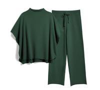 SeeLuNa Women's Two Piece Outfits 3/4 Batwing Sleeve Capelet Crew Neck Pullover Top Wide Leg Pants Lounge Set, Dark Green, L