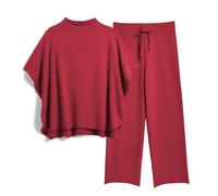 SeeLuNa Women's Two Piece Outfits 3/4 Batwing Sleeve Capelet Crew Neck Pullover Top Wide Leg Pants Lounge Set, Wine Red, L