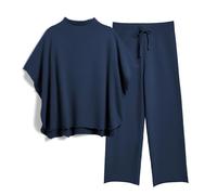 SeeLuNa Women's Two Piece Outfits 3/4 Batwing Sleeve Capelet Crew Neck Pullover Top Wide Leg Pants Lounge Set, Navy, L