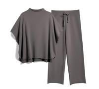 SeeLuNa Women's Two Piece Outfits 3/4 Batwing Sleeve Capelet Crew Neck Pullover Top Wide Leg Pants Lounge Set, Dark Gray, XL