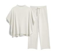 SeeLuNa Women's Two Piece Outfits 3/4 Batwing Sleeve Capelet Crew Neck Pullover Top Wide Leg Pants Lounge Set, Light Gray, S