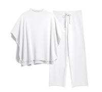 SeeLuNa Women's Two Piece Outfits 3/4 Batwing Sleeve Capelet Crew Neck Pullover Top Wide Leg Pants Lounge Set, White, M