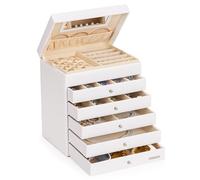 Seelux Jewellery Box, Large Storage Organizer Boxes, with 5 drawers and mirror, Bracelets, Earrings, Rings, Necklaces Holder Case for women girls, Artificial Leather(White)