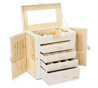 Seelux Large Jewellery Box, 5-Layer Jewelry Storage with Drawers, Mirror and Lock, Watch Box, Gift Case for Necklaces, Rings, Bracelets, Watches, Earrings, Faux Leather, White (White + Gold)