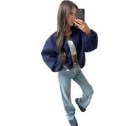 Seemefashion Womens Zip Bomber Jacket Ladies Long Balloon Puff Sleeve Pocket Zipper Jumper Crop Top (UK, Numeric, 6, 14, Regular, Regular, Navy)
