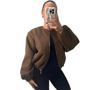 Seemefashion Womens Zip Bomber Jacket Ladies Long Balloon Puff Sleeve Pocket Zipper Jumper Crop Top (UK, Numeric, 6, 14, Regular, Regular, Chocolate)
