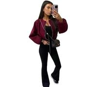 Seemefashion Womens Zip Bomber Jacket Ladies Long Balloon Puff Sleeve Pocket Zipper Jumper Crop Top (UK, Numeric, 6, 14, Regular, Regular, Wine)